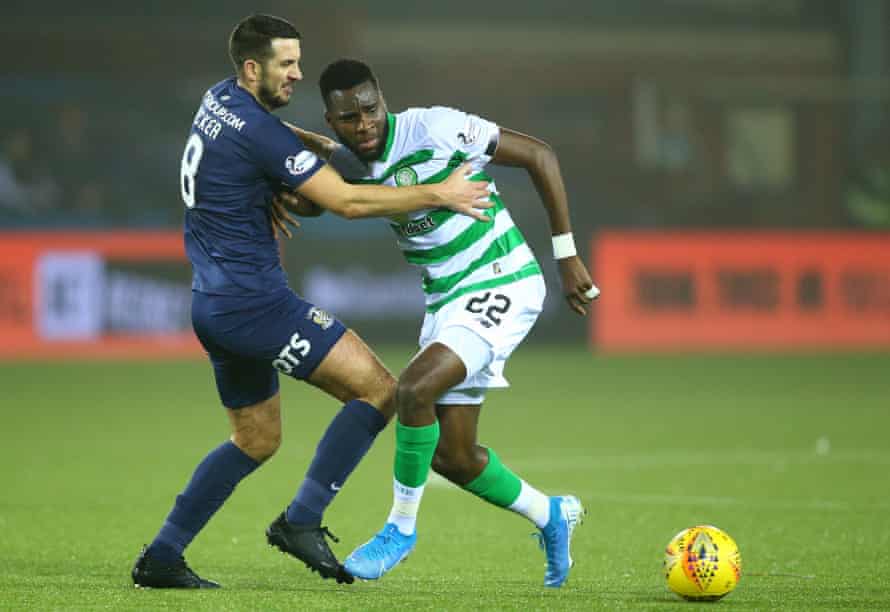 Gary Dicker faces Odsonne Édouard during Kilmarnock's game against Celtic in January 2020. He had six seasons at Kilmarnock and coached the reserves.