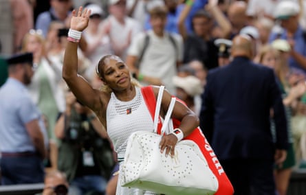 Serena Williams waves goodbye as she walks off Centre Court.