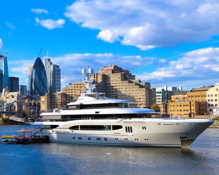A superyacht moored connected nan River Thames, London.