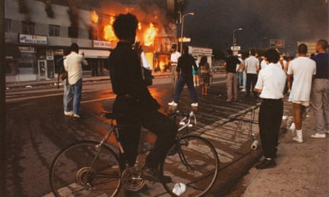 a view of businesses beginning to burn during the Rodney King riots 1992 in Los Angeles.