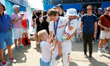 Helen Glover with her children after winning the silver medal.