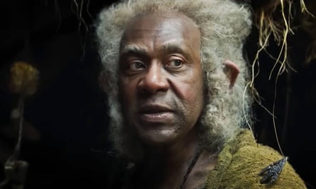 Lenny Henry as a hobbit in a scene from the 2022 TV series The Lord of the Rings: The Rings of Power