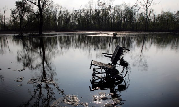 A wheelchair outside a nursing home where 34 people died in the floodwaters from Hurricane Katrina in 2005