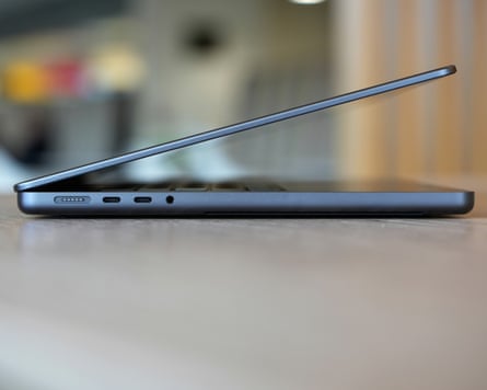 The MagSafe, USB-C and headphones ports of the MacBook Pro.