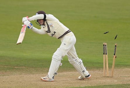 Surrey batter Ralphie Albert is bowled by Kyle Abbott during the match between Hampshire and Surrey.