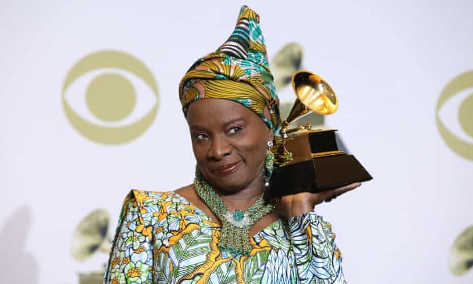 Angélique Kidjo with what was then called the best world music album award, at the 2020 Grammys.
