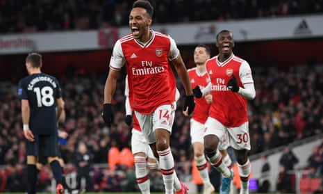 Pierre-Emerick Aubameyang celebrates scoring Arsenal’s third goal, which turned out to be the winner, against Everton.