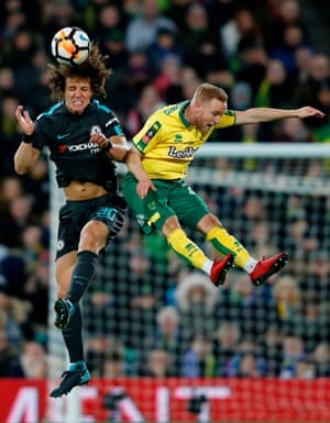 Chelsea’s David Luiz beats Norwich City’s Alex Pritchard in an aerial duel as Championship side Norwich held a much-changed Chelsea to a goalless draw