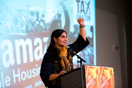 Seattle city council member Kshama Sawant addresses supporters during her ‘Tax Amazon 2020 Kickoff’ event in Seattle in January.