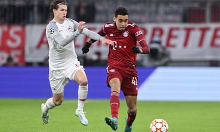 Bayern Munich’s Jamal Musiala (right) and Red Bull Salzburg’s Brenden Aaronson.