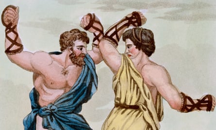 A print from an engraving showing gladiators boxing