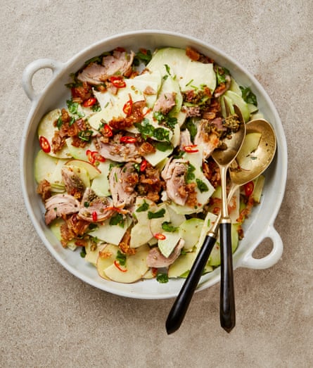 Yotam Ottolenghi’s apple and kohlrabi salad with horseradish dressing and porchetta (see top recipe).
