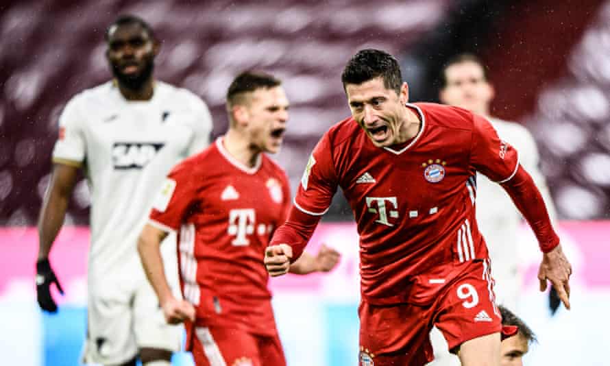 Robert Lewandowski celebrates after scoring Bayern’s third goal.