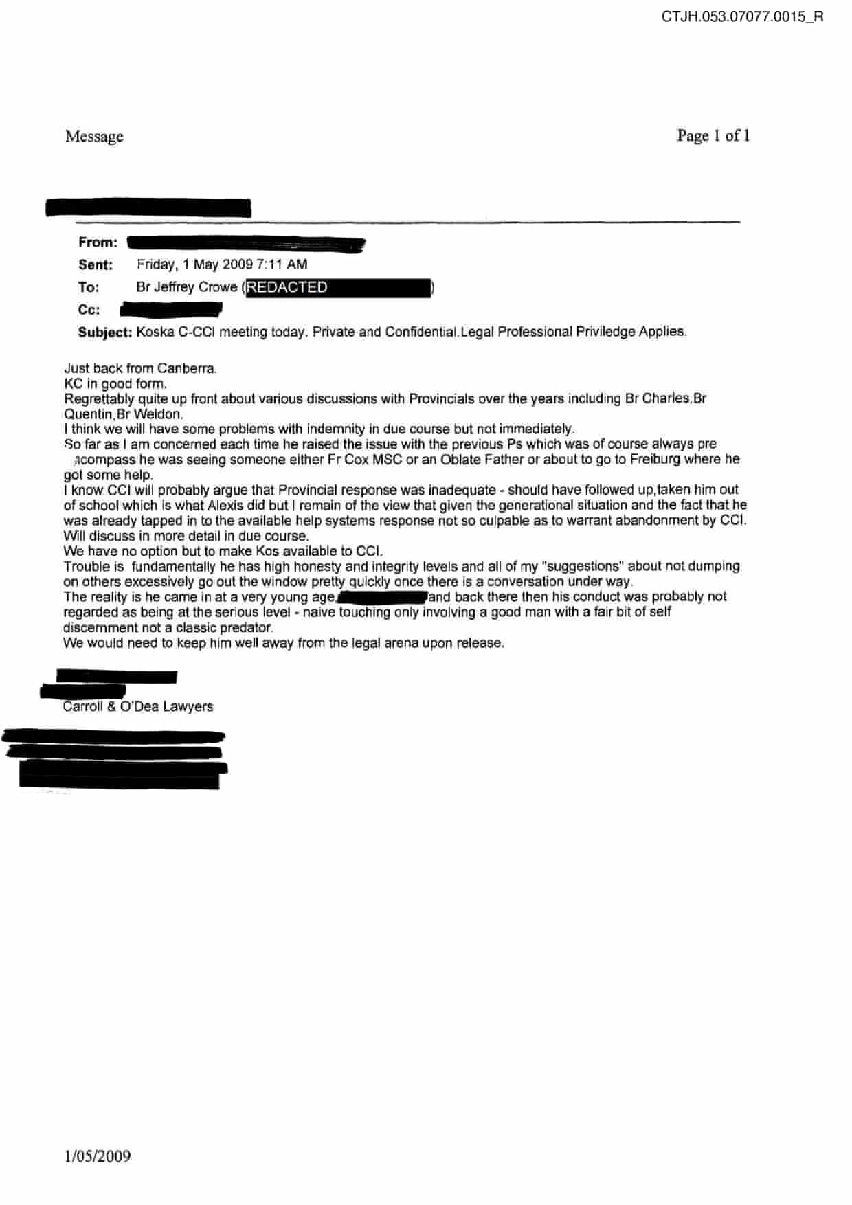 A lawyer’s letter to the Marist Brothers with several lines redacted by black bars