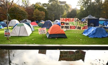Tents seen at a Pro-Palestine encampment at the University of Melbourne in Melbourne, Friday, May 17, 2024. (AAP Image/Joel Carrett) NO ARCHIVING