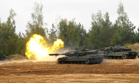 Spanish army tank Leopard 2 fires at Adazi military training grounds, Latvia.