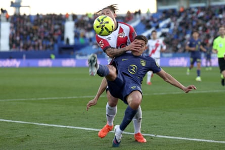 Rayo Vallecano defender Alfonso Espino fights for the ball with Nahuel Molina