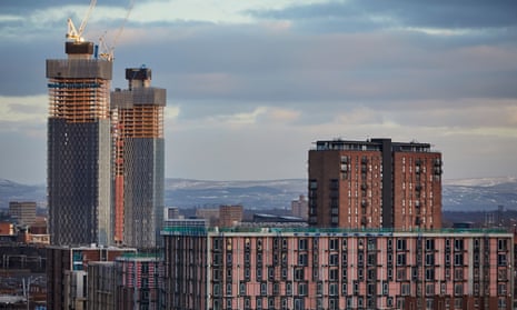 Apartments and offices on the Manchester city centre skyline with Salford in the foreground.