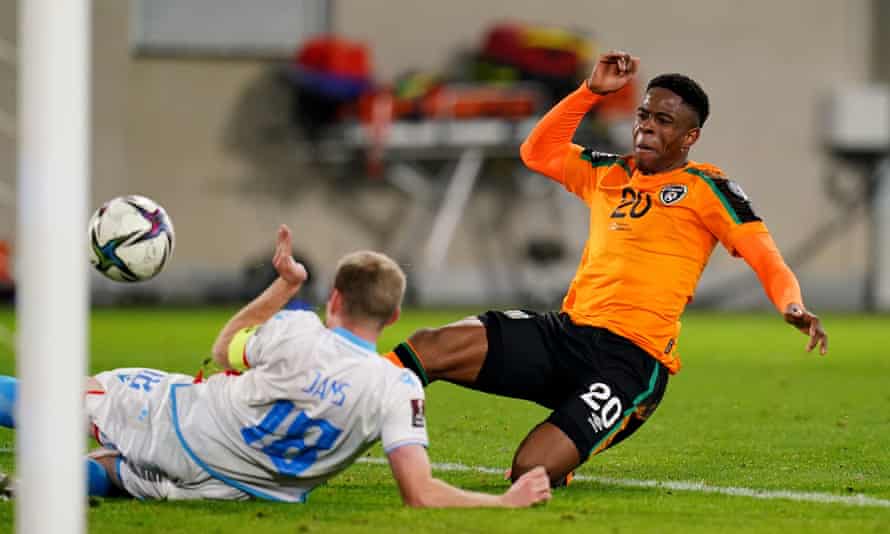 Chiedozie Ogbene slides in to score the Republic of Ireland’s second goal against Luxembourg.