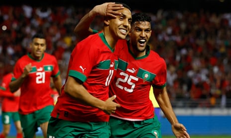 Morocco's Abdelhamid Sabiri celebrates scoring their second goal with Yahya Attiat-Allah in their friendly victory over Brazil