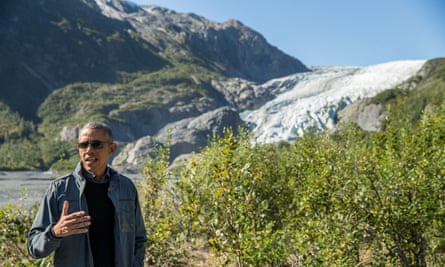 Barack Obama discusses the effects of climate change at Exit Glacier in Seward, Alaska.