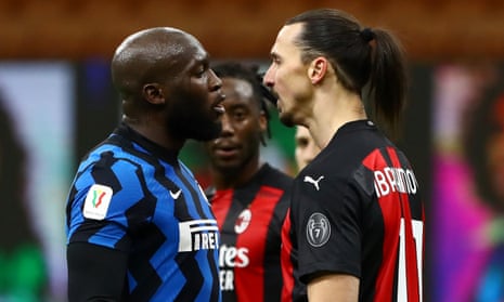Romelu Lukaku and Zlatan Ibrahimovic clash during the Coppa Italia match between Internazionale and  Milan.