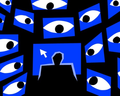 A figure being surveilled by eyes in screens
