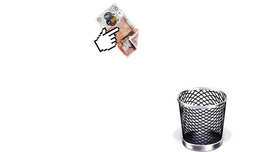 An illustration of a digital hand pointing at a £10 note as it heads towards a bin