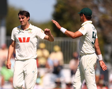 Pat Cummins celebrates after taking the wicket of Taskin Ahmed