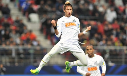 Neymar celebrates after scoring for Santos at the Club World Cup in December 2011, by which point he had signed a deal pledging to join Barcelona.