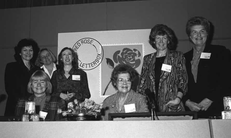 Labour MPs Joan Ruddock, Mo Mowlam, Margaret Beckett, Ann Taylor and Joan Lestor, and (seated) Ann Clwyd and Jo Richardson, at the launch of their party’s Red Rose Letter Box for women to make their views heard within the party, January 1988.