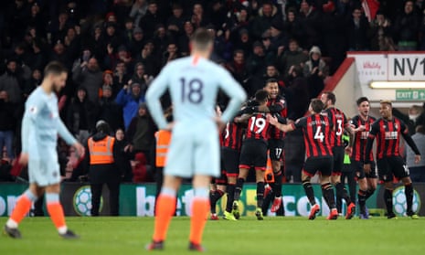 Joshua King celebrates his second, and Bournemouth’s third goal as they brushed Chelsea aside.