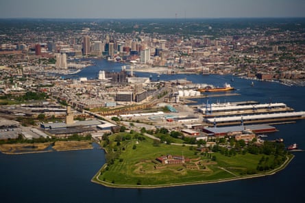 Aerial view of Fort McHenry and the Baltimore skyline.