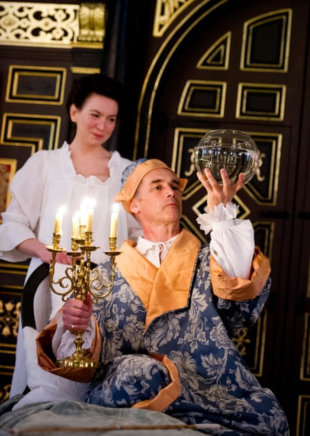 Mark Rylance (King Philippe) with Melody Grove (Isabella, Queen Of Spain) in Farinelli and the King at the Duke of York’s theatre, London, in 2015.