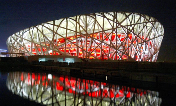 Beijing’s National Stadium, nicknamed the Bird’s Nest, undergoes lighting tests.