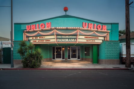 green theatre with red neon sign saying union
