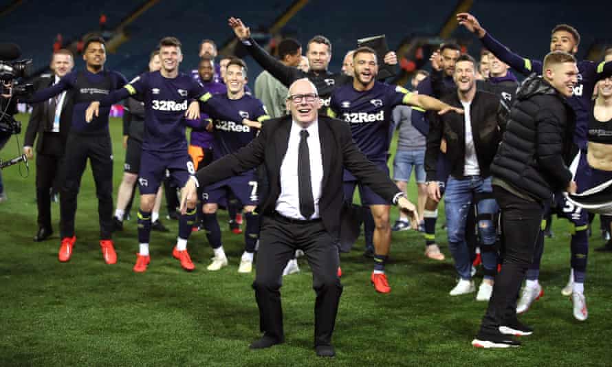 Derby’s owner, Mel Morris, enjoys the play-off semi-final win over Leeds in 2019. The club lost the final to Aston Villa.