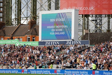 The Oval crowd applauds and the scoreboard declares that Ben Stokes has the set the record for the highest individual ODI score for England after he is dismissed for 182 during the 3rd Metro Bank ODI between England and New Zealand at The Kia Oval.
