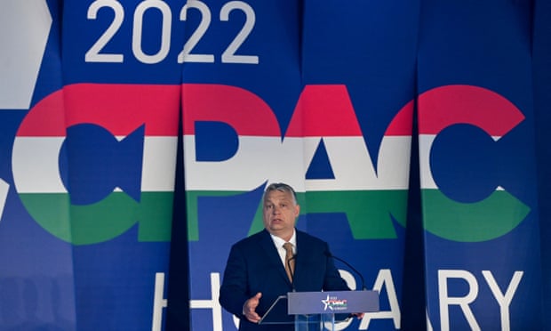 Hungarian Prime Minister Viktor Orban speaks during a session of CPAC in Budapest, Hungary, on Thursday.
