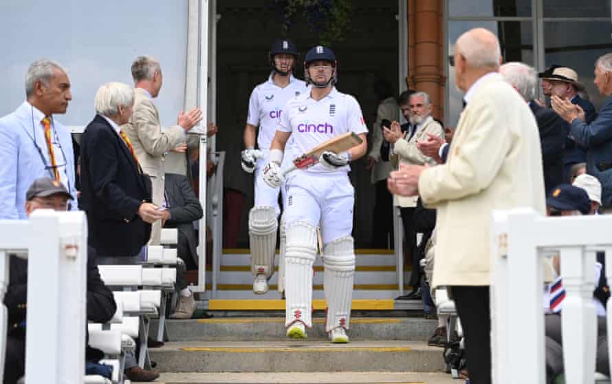 Alex Lees and Zak Crawley walk from the pavilion to begin the England reply.
