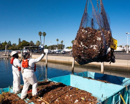 Two men standing on a barge directing a bundle of plastic waste into a container