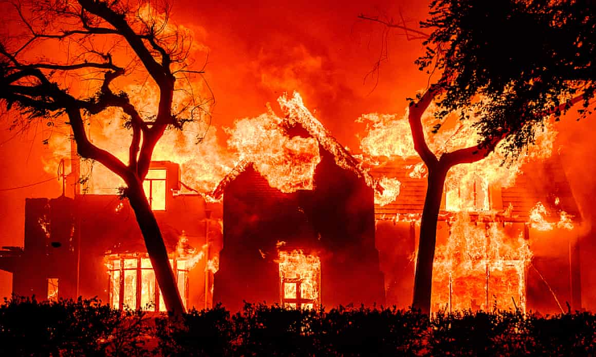 A home is engulfed in flames during the Eaton fire in the Altadena area of Los Angeles, California on 8 January.