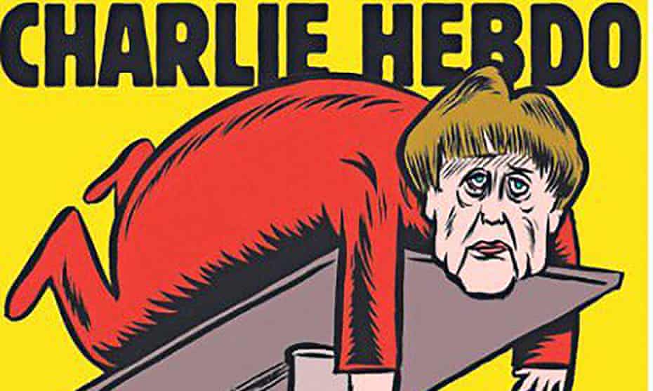 Cover image of Charlie Hebdo’s first German edition, which launched on Thursday with an image of German chancellor Angela Merkel on a mechanic’s hydraulic lift.