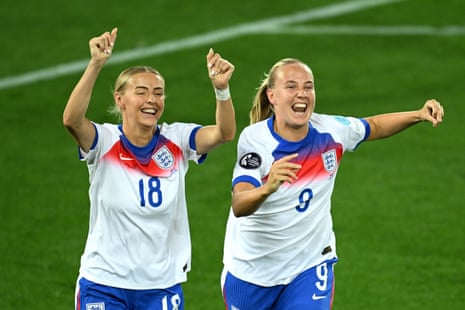 Beth Mead and Chloe Kelly celebrating a goal for England against Wales