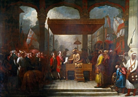 The Mughal emperor Shah Alam hands a scroll to Robert Clive, the governor of Bengal, which transferred tax collecting rights in Bengal, Bihar and Orissa to the East India Company.