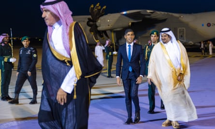 The UK’s prime minister, Rishi Sunak, arrives in Saudi Arabia after his visit to Israel.