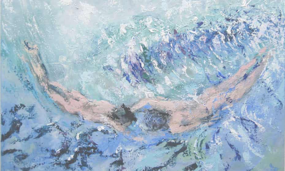 Deep Diving, oil on canvas, painting of two people swimming
