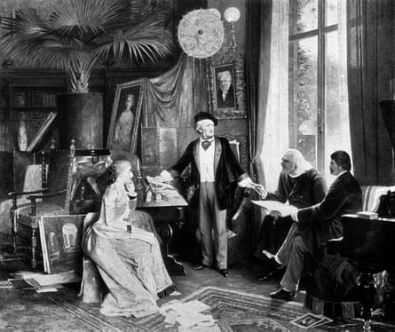 An illustration of Wagner with Franz Liszt, Cosima Wagner (Liszt’s daughter and eventually Wagner’s wife) and Moriz Rosenthal, a pupil of Liszt, in the Villa Wahnfried, Bayreuth.