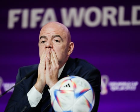 The Fifa president, Gianni Infantino. talks at a World Cup press conference.