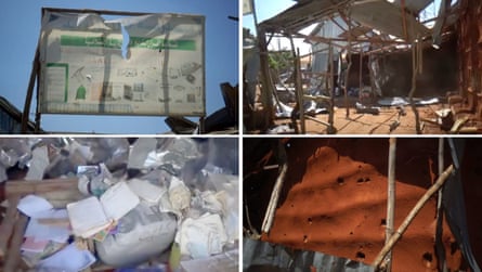 signage for a school, a damaged building, books and debris connected nan ground.
